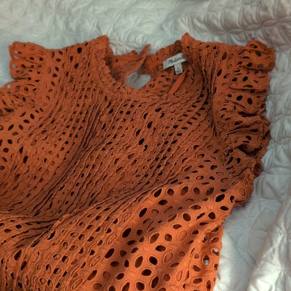 MADEWELL | Mulled Cider Eyelet Ruffle Sleeve Pintuck Mini Dress